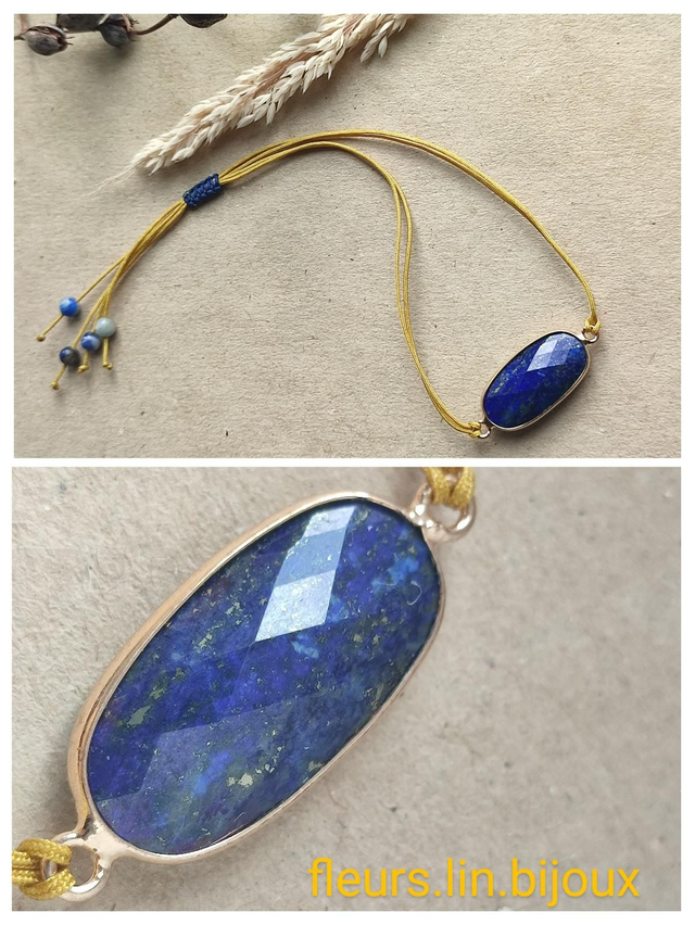 Z-Bracelet en lapis lazuli ( pierre naturelle) sur fil de jade doré et réglable 