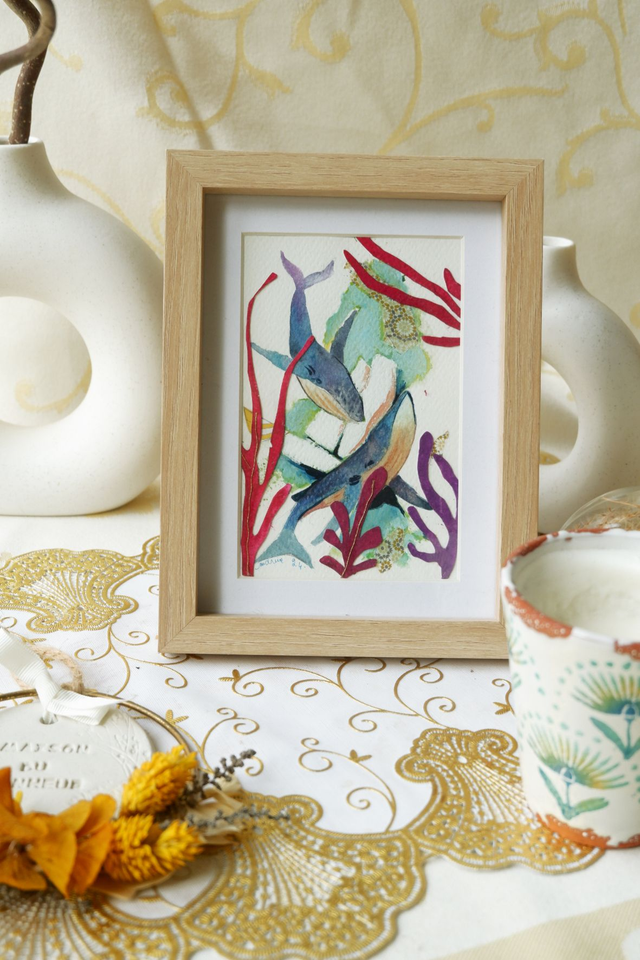 Illustration originale encadrée "Le port des baleines"