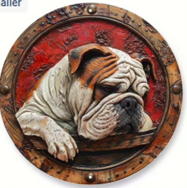 Wanddecoratie metalen bord Engelse Bulldog (20cm diameter)