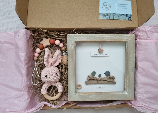 Luxury Baby Gift Box (Pink)- Medium Size includes Personalised Pebble Art Picture