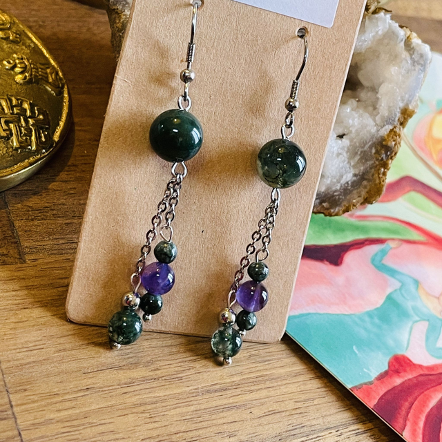 🍀🧘‍♀️Boucles d’oreilles en Agate mousse, Séraphinite et Améthyste