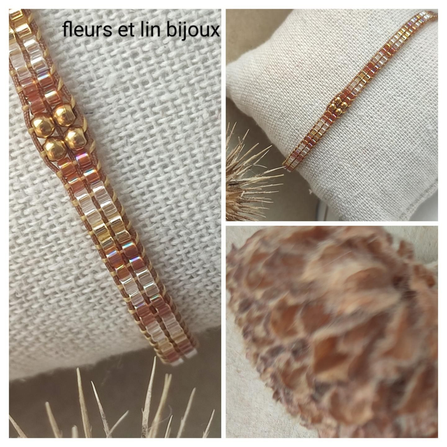 Z-Bracelet tissé main en perles de verre miyuki doré &amp; blanc réglable sur fil de jade résistant, pièce unique 