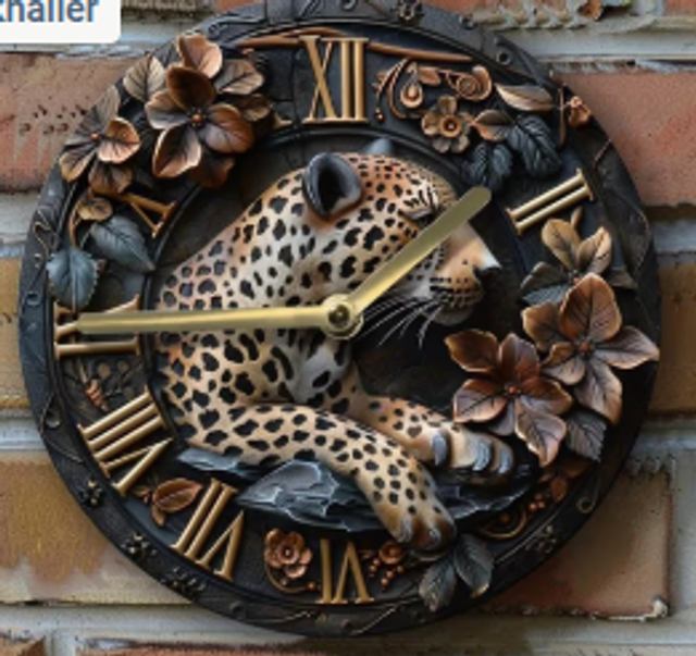 Vintage metalen klok Luipaardprint (20cm diameter) Nieuw.