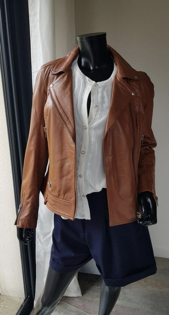 Blouson cuir femme Naf Naf cognac