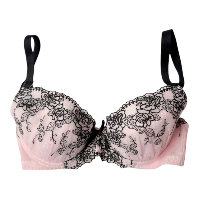 Black + pink floral embroidered Japanese Bra UK 30C  
