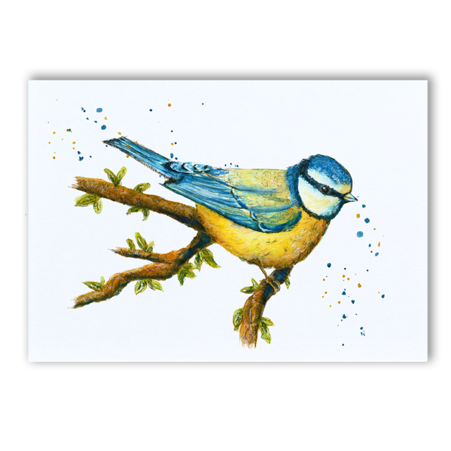 A5 Blue tit on a branch watercolour print