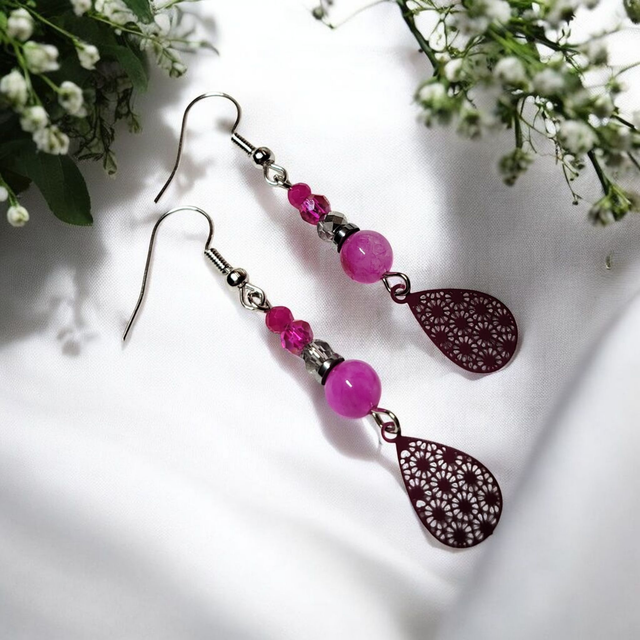 Boucles d&#039;oreilles rose fuchsia acier inoxydable