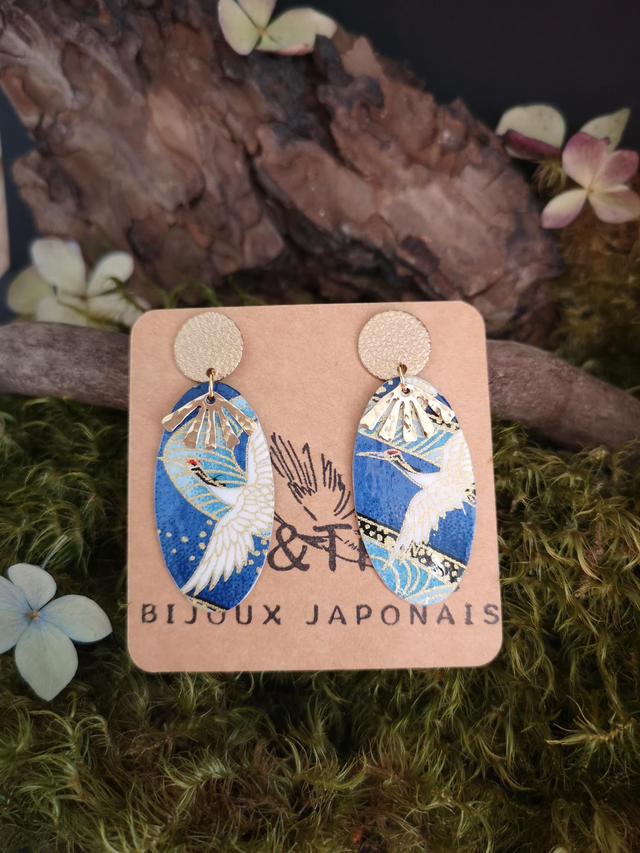 Boucles d'oreilles - puces - papier washi - grues - laiton - La&Titia 