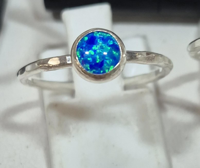 5mm Lab Grown Opal and Sterling Silver Ring with Hammered Texture