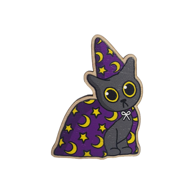 Wizard Cat Wooden Pin Badge