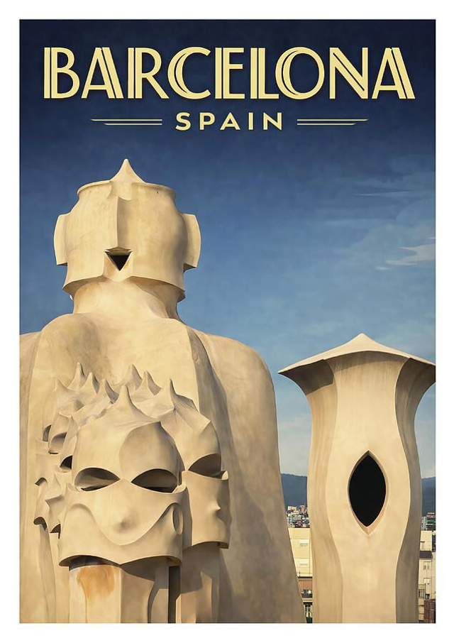 Vintage Travel Poster Barcelona La Pedrera Casa Mila Roof Chimneys Spain