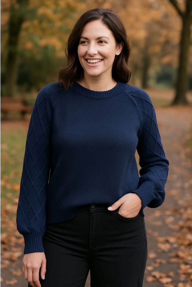 Diamond Cable Detail Sleeve Crew Neck Knit Jumper - KM