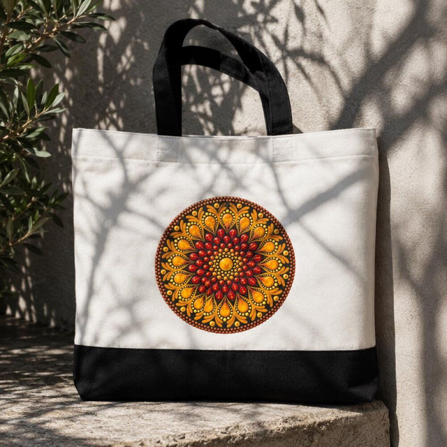 Grand sac tote bag en coton blanc – Mandala orange ou bleu