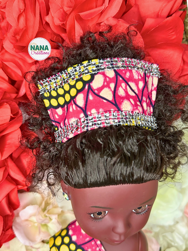 Poupée - Robe en wax rose et jaune Fait Main| Robe longue princesse unique | Cheveux bouclés