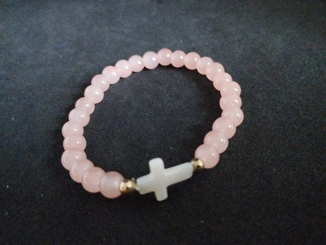 Bracelet en Quartz Rose &amp; Croix en nacre