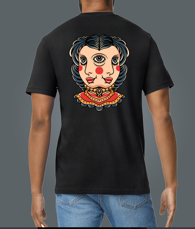 Traditional Tattoo Style Two Faced Lady Black Soft Spun Patterned T-Shirt