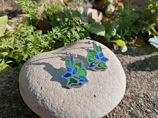 '' Bouquet ''- Boucles d'oreilles en émail plique à jour sur argent 