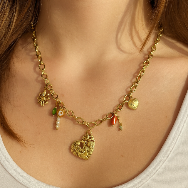 Ketting bloemen hart goud