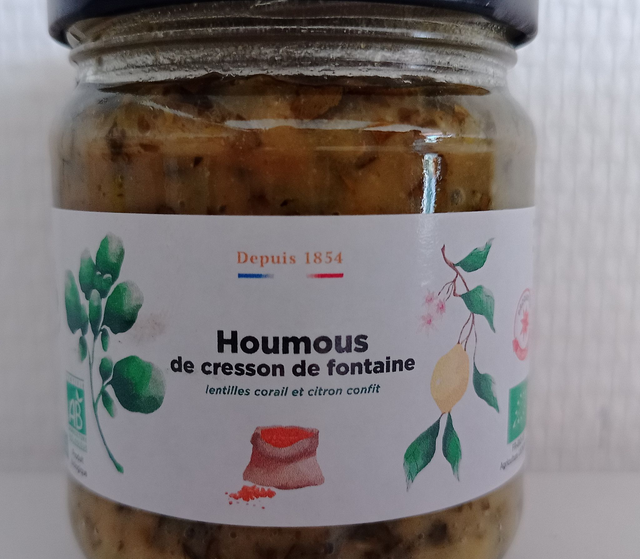 Houmous de cresson, lentilles corail et citron confit
