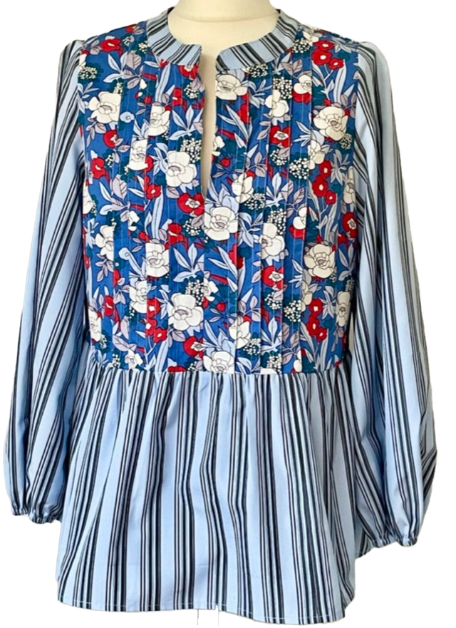 Blouse bleue, rayures et fleurs - taille 40 (fr)