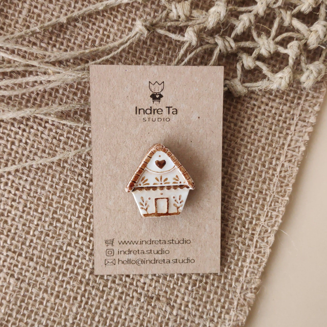 House clay pin - Rustic pottery brooch - Air-Dry Clay Pin - Unisex Boho brooch