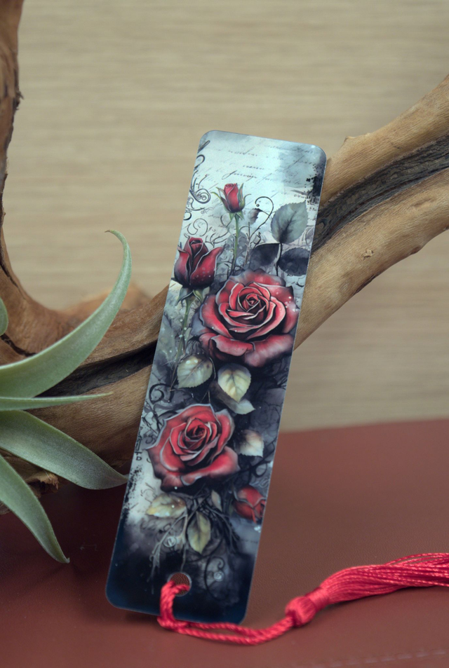 Gothic Rose Aluminium Bookmark – Monochrome Design with Red Roses