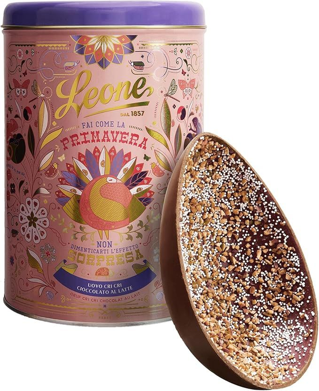 Leone dal 1857 - Uovo di Pasqua Cri Cri  Cioccolato al Latte con Granella di Zucchero e Nocciole - in Latta Regalo - 350gr