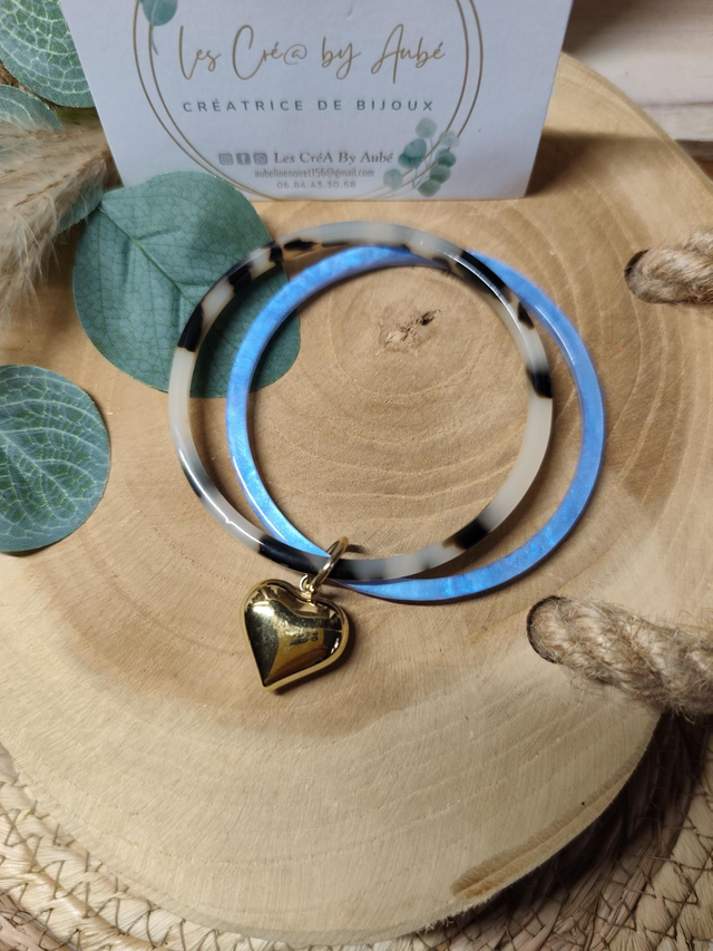 2 BRACELETS RESINE MARBRE/BLEU COEUR ACIER INOXY GOLD 0000927