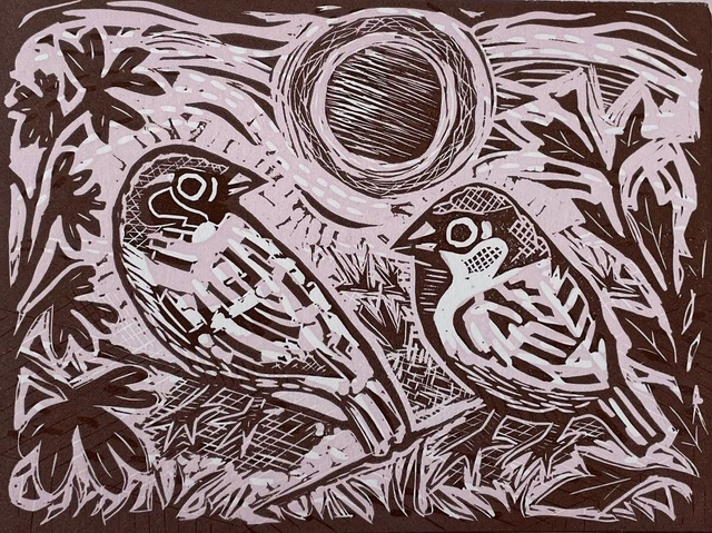 Rosy sparrows, limited edition linocut print
