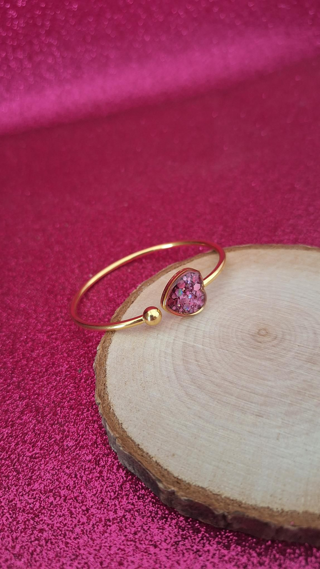 Jonc doré cœur paillettes roses 