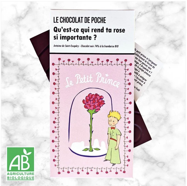 Chocolat bio Le chocolat de Poche / Framboise. LE petit Prince
