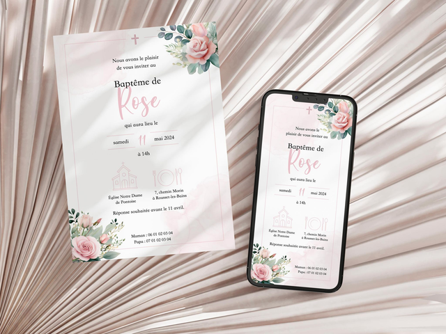 Invitation Baptême Fleurs &amp; Blush rose