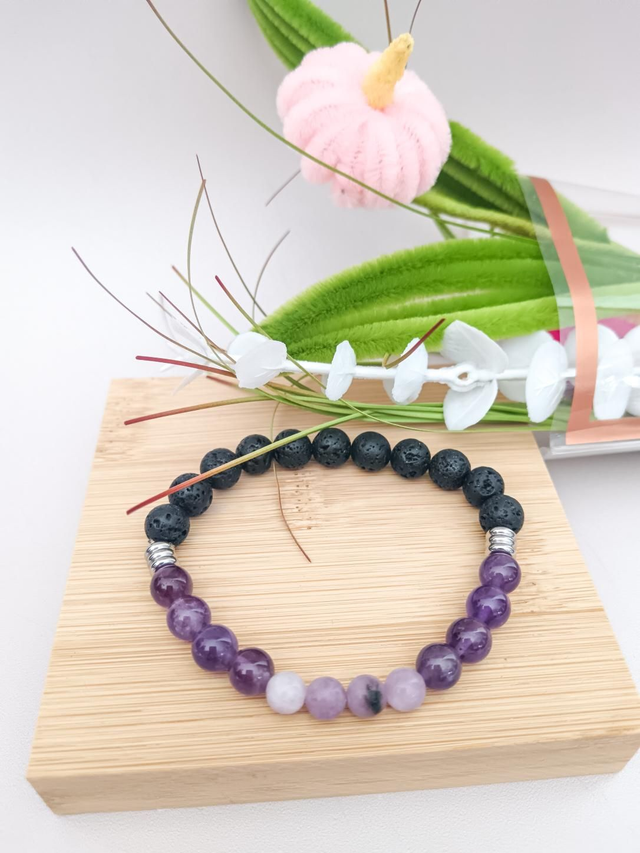 Bracelet Pierre de Lave, Améthyste &amp; Lépidolite – Ancrage &amp; Apaisement