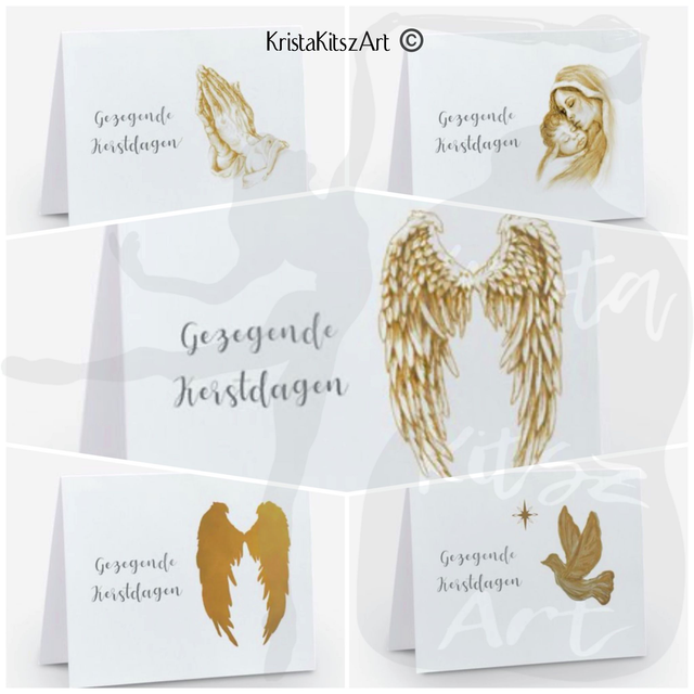 Set van 5 of 10 Luxe Christelijke Kerstkaarten | dubbele ansichtkaart met goudkleurige envelop Gezegende Kerstdagen 