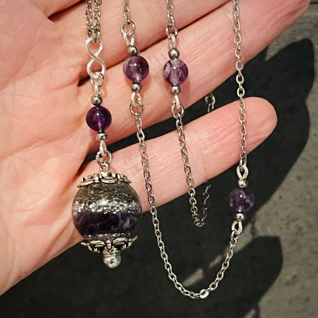 Crystal Energy Sphere Drop Pendant with Amethyst Quartz/metal shavings & Infinity Symbol