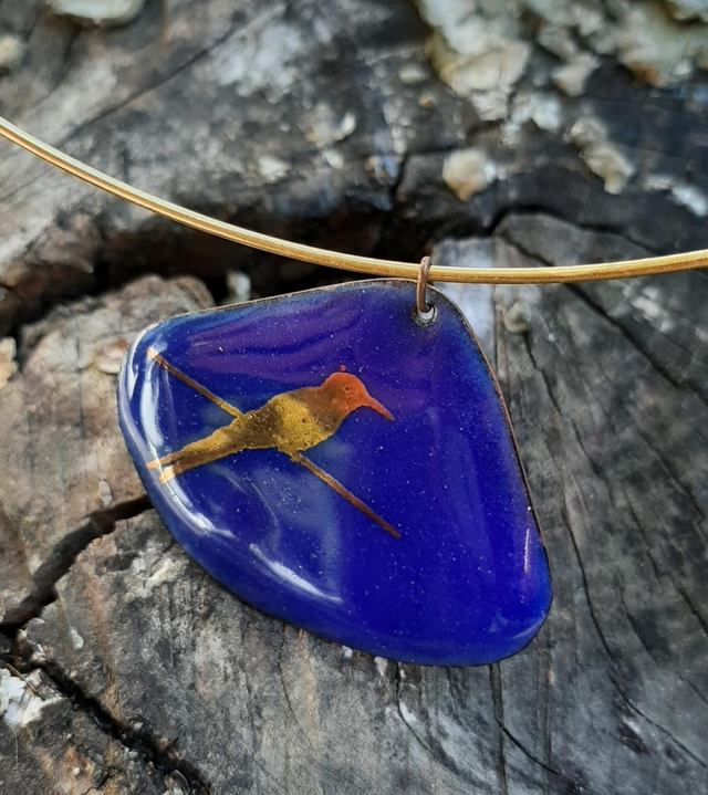 Collier Gingko bleu oiseau doré