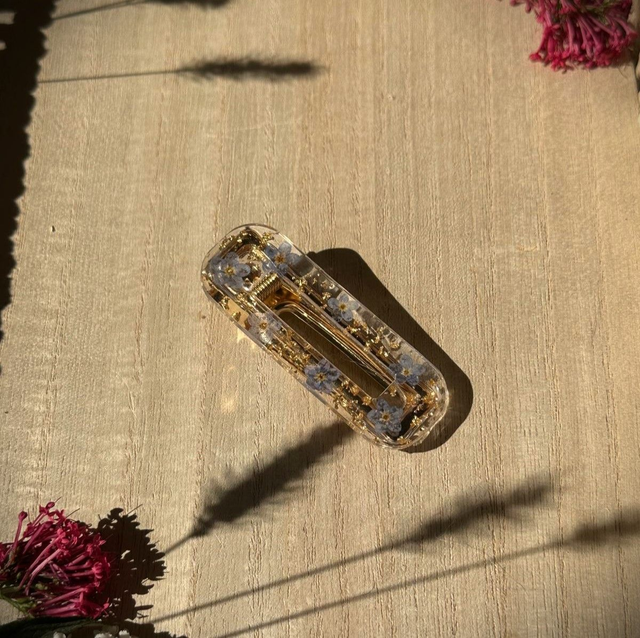 Barrette à cheveux - Fleurs de myosotis et or (rectangulaire)