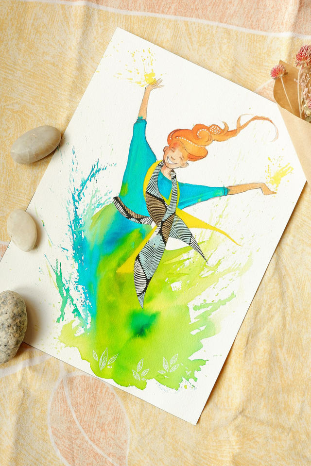 Illustration originale aquarelle et papier découpé "Energie"