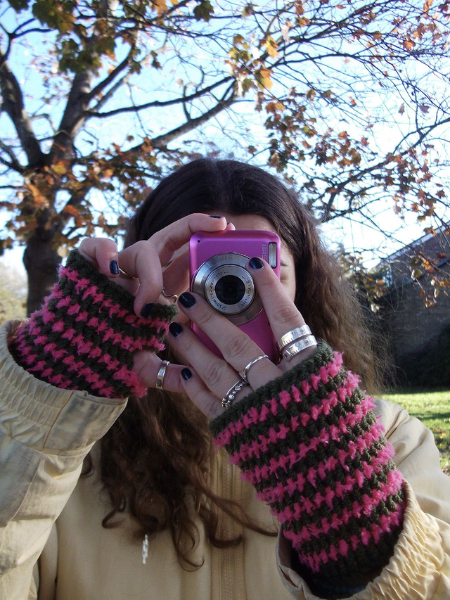 Khaki Green and Pink Stripy Fingerless Gloves
