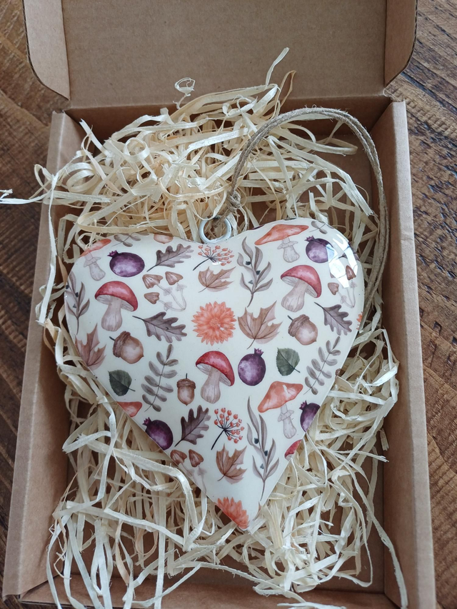 Hanging Metal Heart W/ Autumnal Mushroom Print