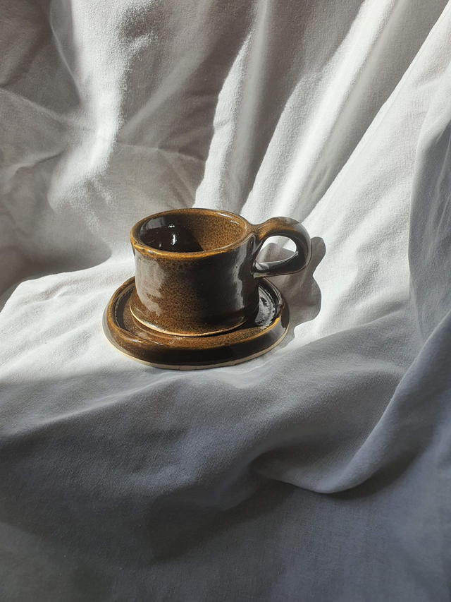 Tenmoku handmade ceramic espresso mug with saucer