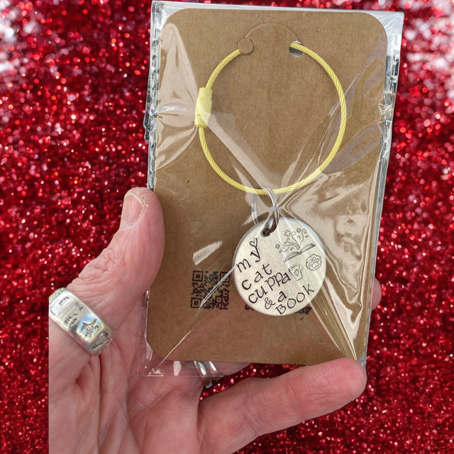 Keyring - Handstamped Cat/Dog, Cuppa &amp; Book theme 