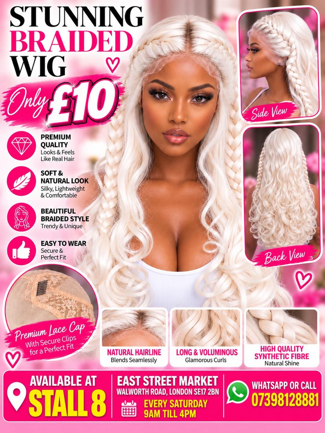 Platinum Blonde Braided Lace Front Wig – Long Curly Synthetic Wig with Side Braids | White Blonde Cosplay &amp; Fashion Wig