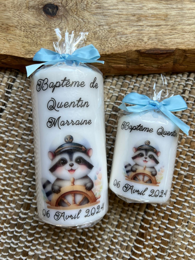 Bougie baptême personnalisée thème Raton laveur marin