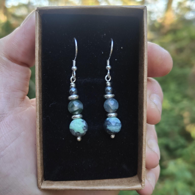 Boucles d&#039;oreilles &quot;Harmonie&quot; Triple : Variscite, Agate Mousse et Hématite 