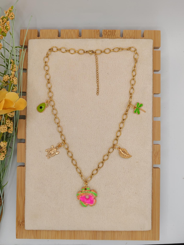 Collier Chaîne Pampilles Orange/Vert/Rose fluo