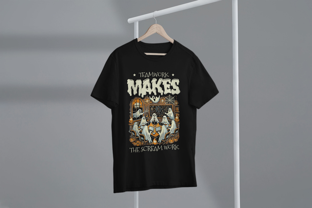Teamwork Makes The Scream Work, Funny Halloween Humor. Teamwork sorgt dafür, dass der Schrei funktioniert, lustiger Halloween-Humor