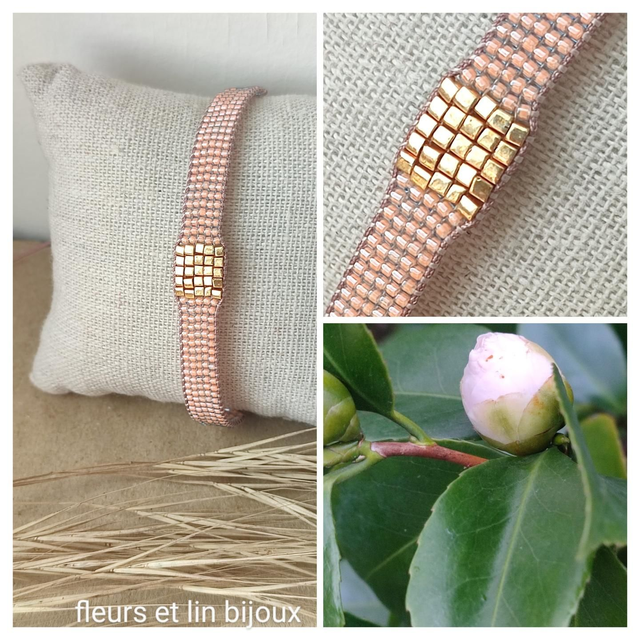 Z-Bracelet tissé main rose &amp; doré en perles de verre miyuki, réglable en fil de jade résistant, pièce unique 