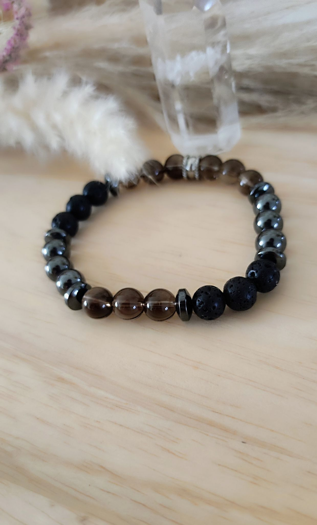 Bracelet "Confiance en soi" Quartz fumé, Hématite et Pierre de lave