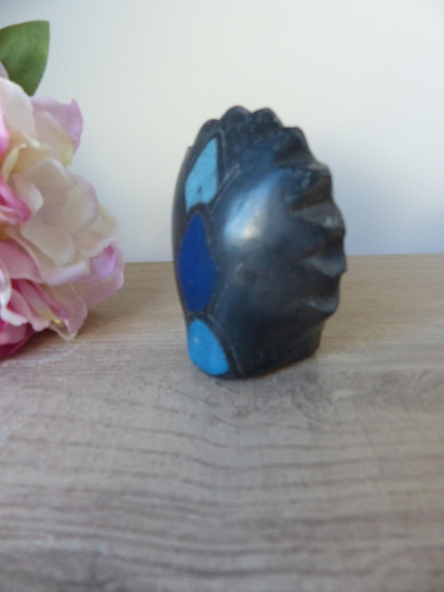 Figurine Chouette Mexicaine Vintage – Poterie en Argile Bleue et Noire, Sculpture Rare des Années 70